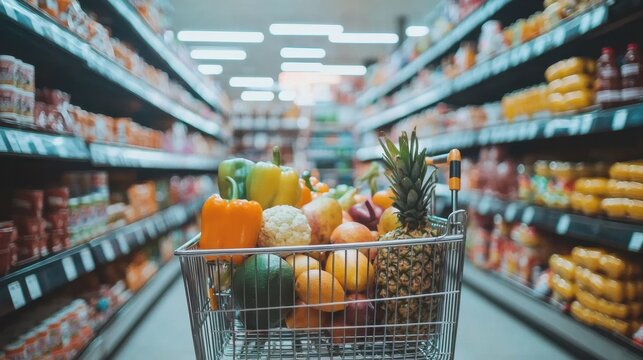 Full shopping cart with vegetables and fruits in supermarket. Shopping trolley with food in retail store. Modern abstract supermarket interior backdrop. Healthy nutrition concept