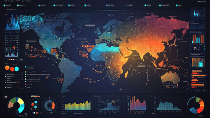 A colorful, data-driven world map visualization showcasing various analytical graphs and charts against a dark background.