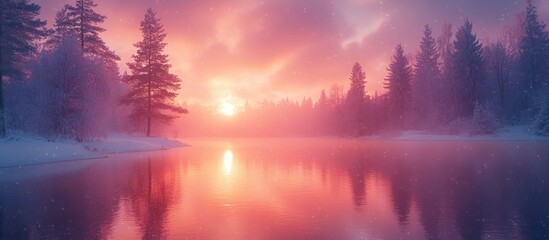 Obraz premium Pink winter sunrise over calm lake and snowy forest.