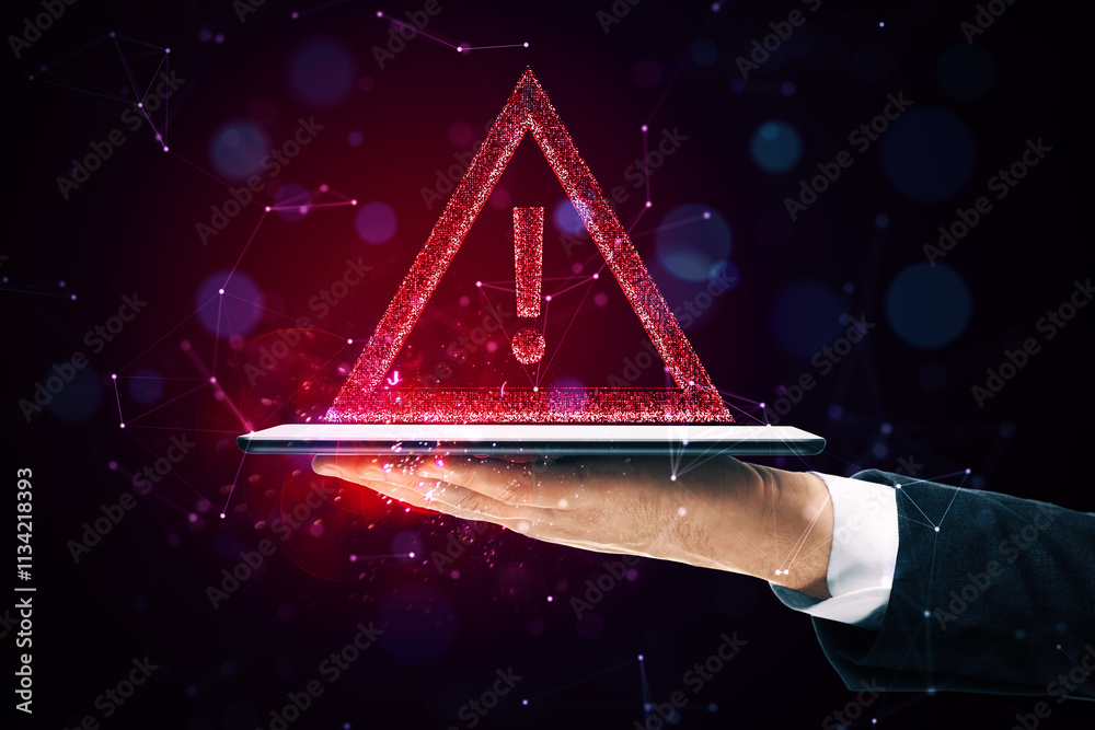 Poster warning sign hologram hovering above a tablet held by a hand on a dark background.