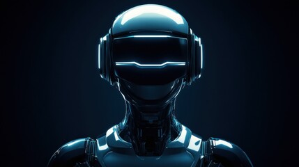 Futuristic robot head with VR headset, close-up, dark background.