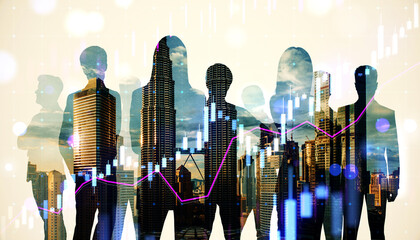 Businesspeople silhouettes over skyscrapers with financial chart overlays, symbolizing teamwork,...