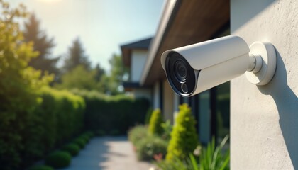 Modern security camera mounted on exterior home wall. Tech security system protects house property. Camera provides surveillance of house garden. Residential property. Outdoor security measures. Home