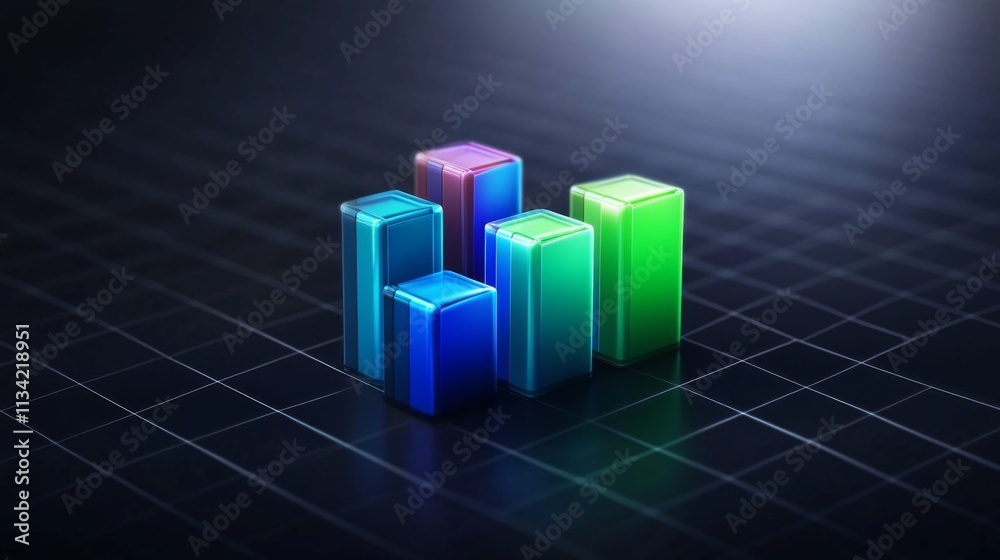 Poster colorful 3d graph bars on digital grid background for data visualization