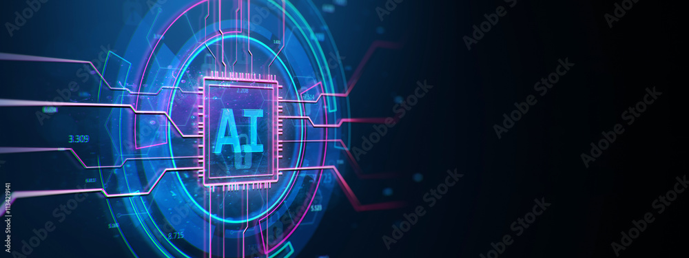 Aufkleber Neon AI chip depiction with futuristic circuit design on a dark, glowing background. 3D Rendering