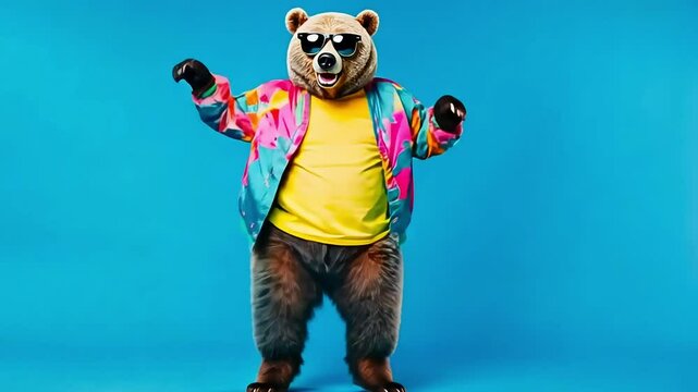 Cool bear in colorful jacket and sunglasses dancing on a blue background.