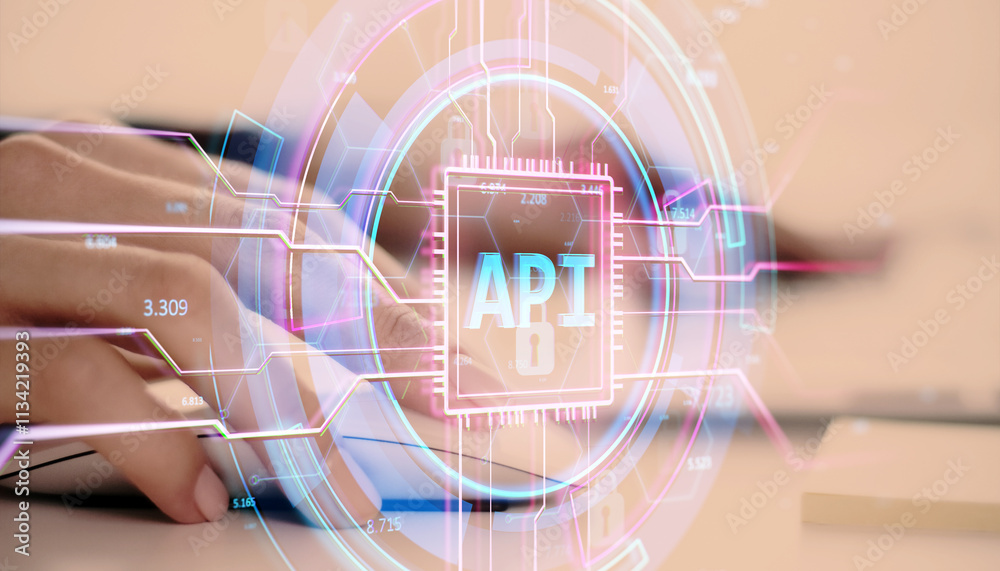 Poster Digital API hologram interface overlaying hands typing on keyboard in a business environment.