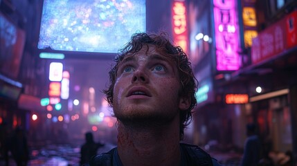 Naklejka premium Man standing in a neon-lit urban setting with a thoughtful expression