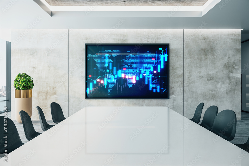 Poster Modern conference room with large digital screen displaying financial data and graphs on a concrete wall background. 3D Rendering