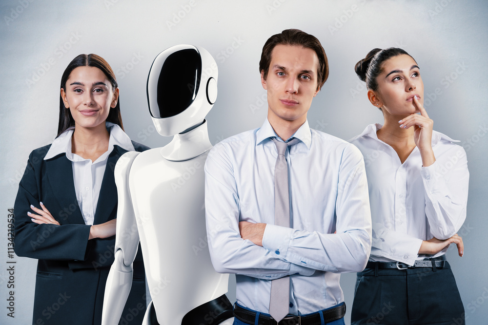 Aufkleber Group of professionals and robot symbolizing teamwork and innovation in a corporate setting.