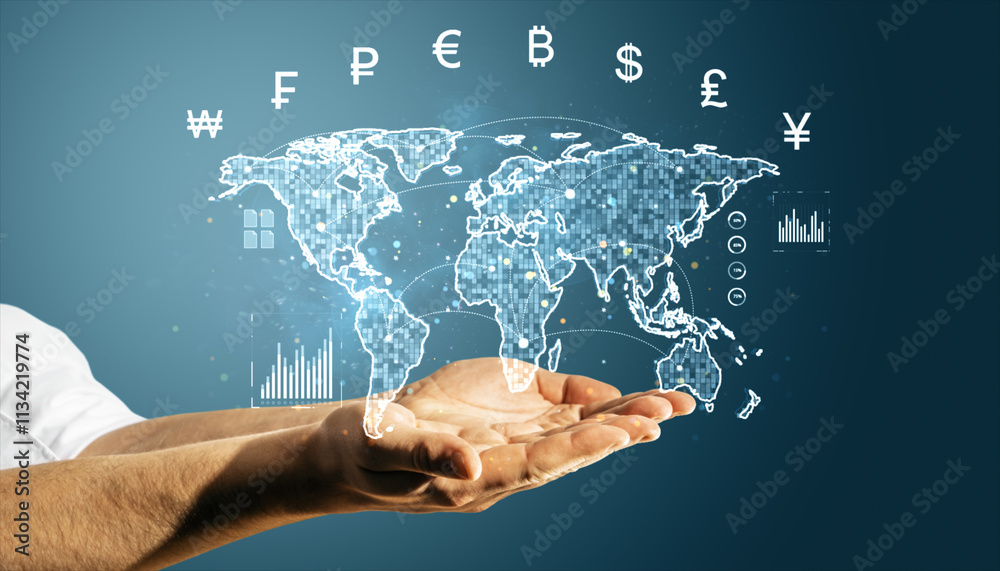 Poster hands holding a digital world map with currency symbols on blue background.