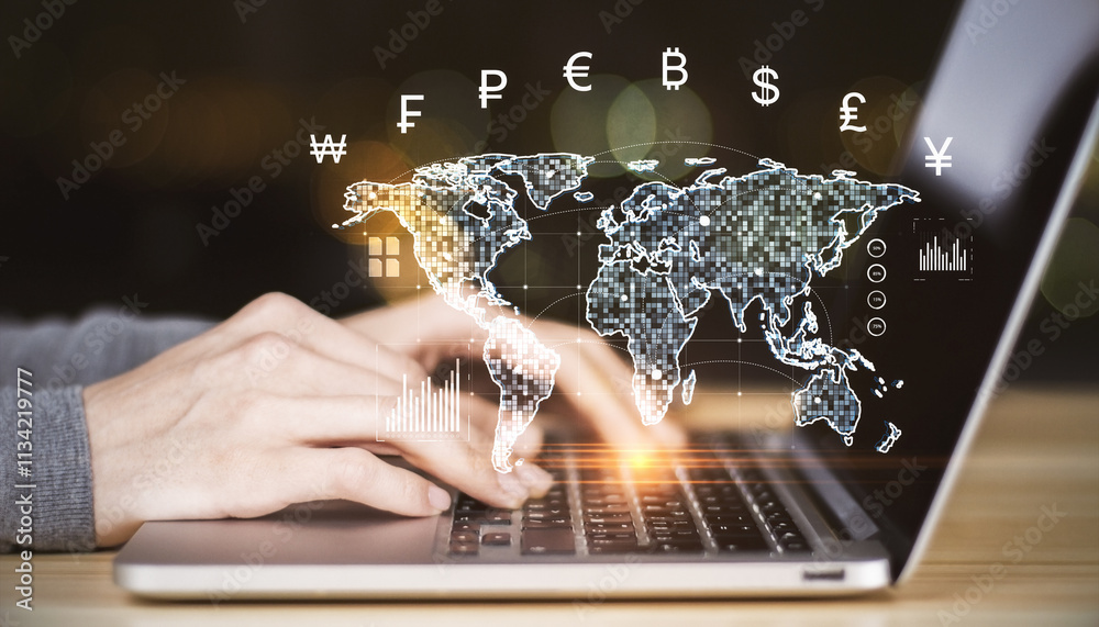 Poster digital global currency exchange concept with holographic world map and symbols on laptop background