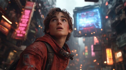 Young man walking through a futuristic neon-lit city