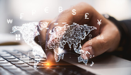 Digital currency symbols over world map with businessman typing on laptop keyboard, representing financial transactions and technology concepts.