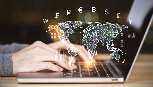 Digital global currency exchange concept with holographic world map and symbols on laptop background.