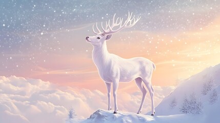 A majestic white deer with perfect antlers, on the mountain and the view of the stars in the beautiful sky