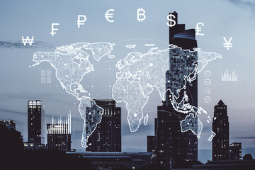 World map with currency symbols overlayed on modern city skyline background, representing global...