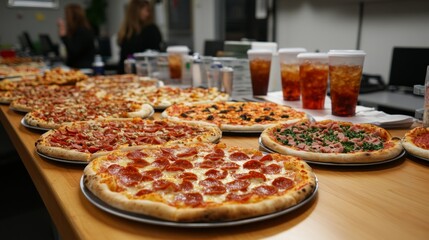 Table filled with pizzas and drinks during a festive feast