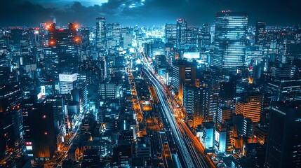 Fototapeta premium Night Cityscape with Blue Tone Filter for Hi-Tech Aesthetic