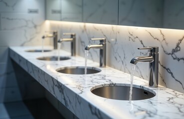 Modern public restroom features marble countertops, chrome faucets. Water flows from taps into round sinks. Interior design project for public washroom. Elegant, functional design. Stylish clean