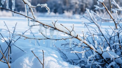 Capture the serene beauty of winter with frosty branches and pristine snow, perfect for holiday cards and wall art.