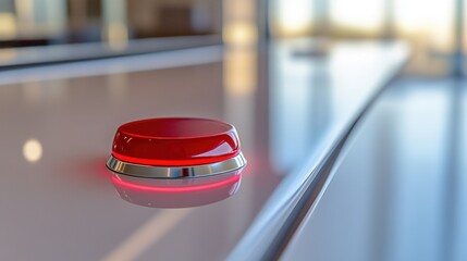 Close-up of a glossy red emergency button on a smooth, light gray surface.