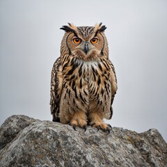 Obraz premium A Eurasian eagle owl perched on a rock, feathers beautifully patterned, white background.