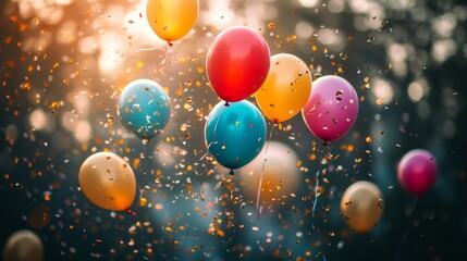 A cluster of colorful balloons floating against a blurred festive background