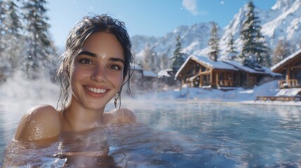 Obraz premium Smiling woman in a hot spring surrounded by snowy landscape