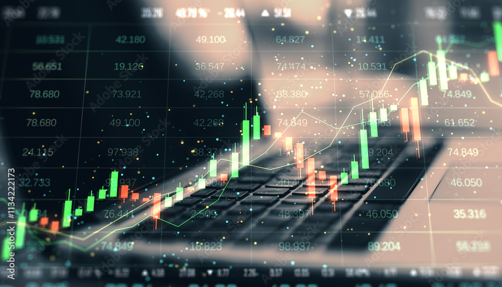 Poster financial trading graph and candlestick chart overlay on blurred laptop keyboard background.
