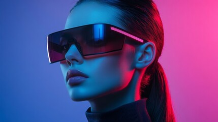 Confident woman in futuristic sunglasses with neon pink lighting