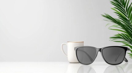 Stylish sunglasses and coffee cup on minimalist table indoor setting modern lifestyle relaxed atmosphere