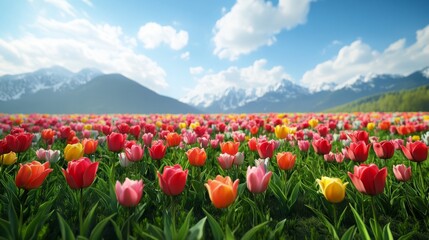 Field of vibrant tulips under a sunny blue sky