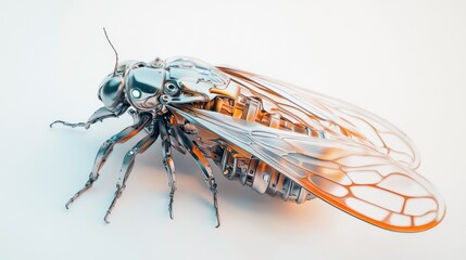 Metallic insect, mechanical cicada, futuristic,  high-tech,  3d render,  silver,  detailed.