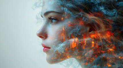 Fototapeta premium Abstract portrait of a woman with fiery overlay