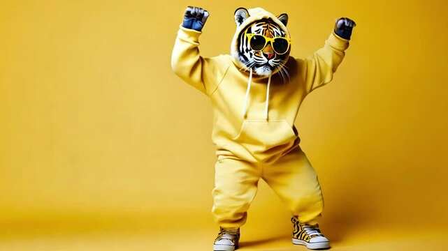 Tiger wearing yellow hoodie with sunglasses and striped shoes dancing on a yellow background.