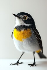 A colorful bird with a striking yellow chest, perched attentively, showcasing its vibrant plumage against a neutral background.