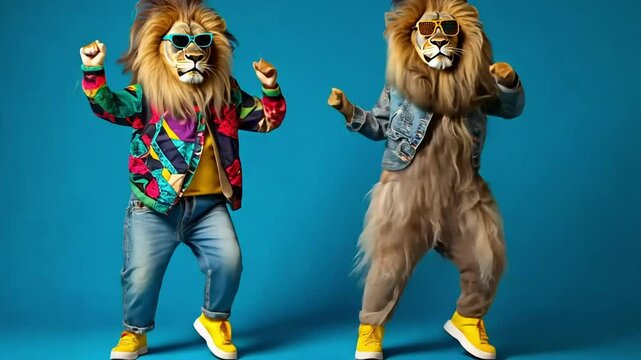 Two lions in sunglasses and casual wear dancing against a blue background.
