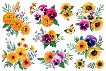 Fototapeta premium Playful Watercolor Floral Package with Marigolds, Pansies, Sunflowers, and Greenery for Floral Designs and Celebrations