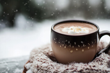cup of hot chocolate on a snowy day