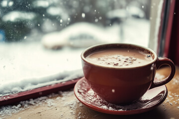 cup an saucer with hot chocolate or coffee on cold morning with snow