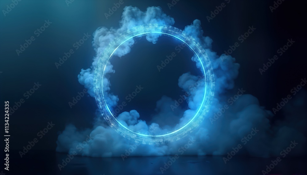 Poster neon blue circle portal graphic on dark background with futuristic smoke. mystical tech design. perf