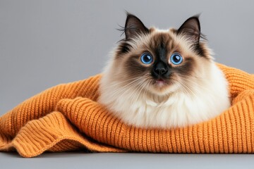 Adorable fluffy cat with striking blue eyes on cozy sweater