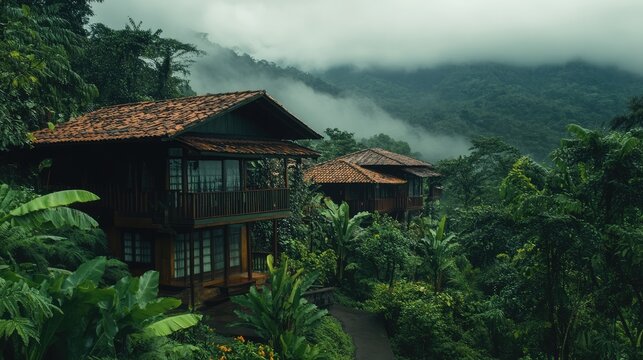 Traditional Bribri houses in lush Costa Rican rainforest under gloomy skies, surrounded by greenery.