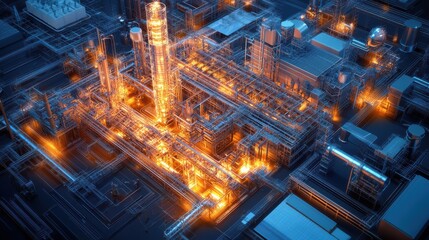 Obraz premium Futuristic Deconstructed Factory with Glowing Nanotech Grids