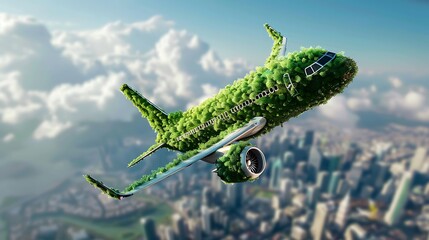 Aerial view of airplane flying over green forest at sunset