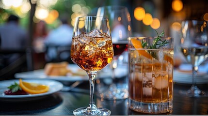Cocktails on outdoor table with food and bokeh.