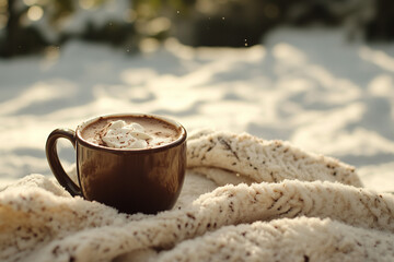 cup of  hot chocolate or coffee on a cold snowy morning
