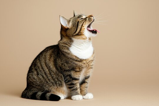 Playful Tabby Cat Yawning with Light Brown Background