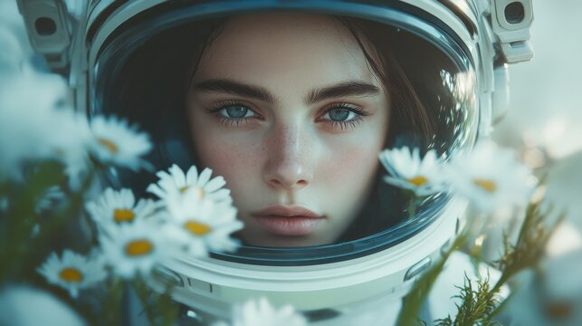 Young woman in a spacesuit surrounded by flowers